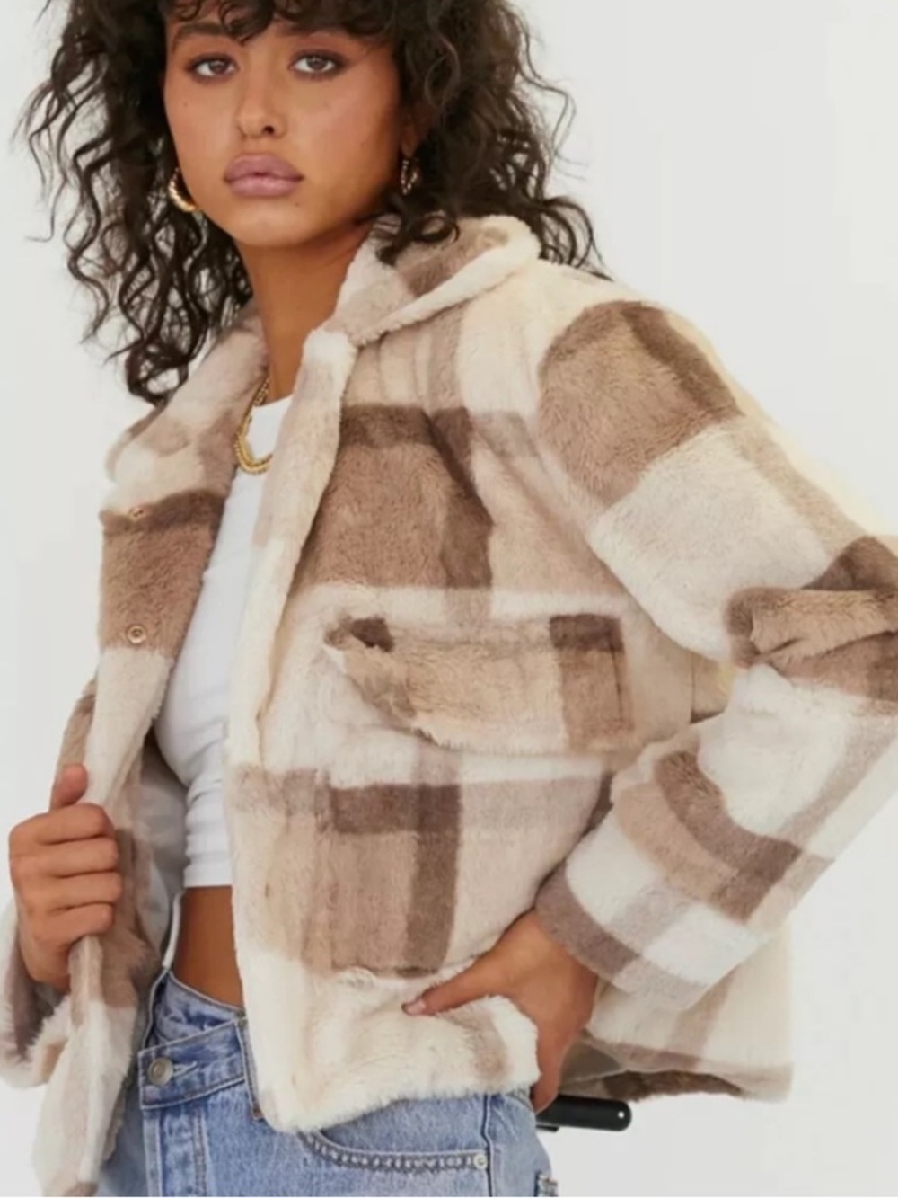 Small Gilli Utility Faux Fur Plaid Jacket NWOT